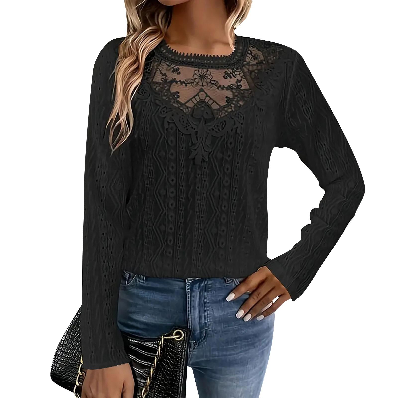 

Women s Fashion Color Lace Splicing Casual Hollowed Out Long,sleeved T,shirt L чорний