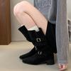 Fashion Winter Designer Pointed Toe Women Knee High Boots Fashion Belt Buckle Slip On Shoes Concise Thick Heel Knight Long Booties