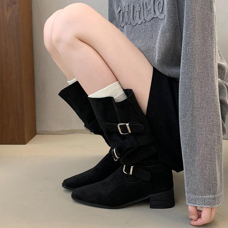Fashion Winter Designer Pointed Toe Women Knee High Boots Fashion Belt Buckle Slip On Shoes Concise Thick Heel Knight Long Booties