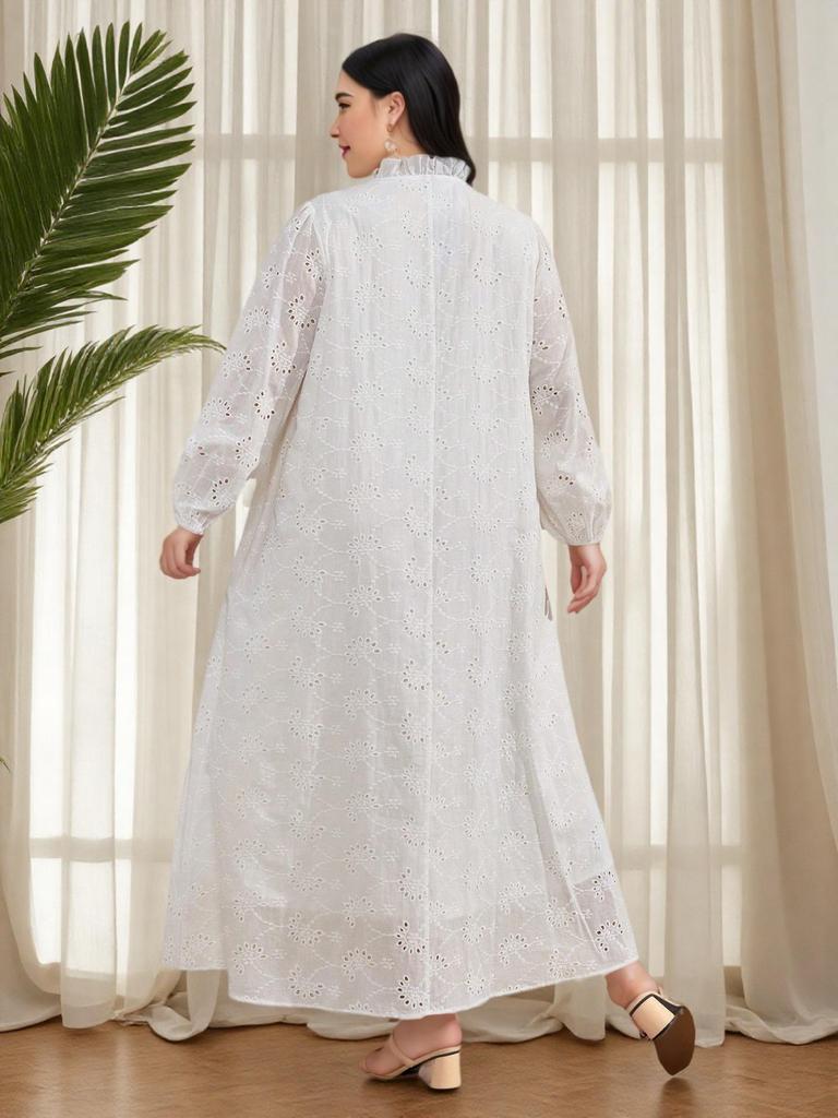 Plus Size V-neck Embroidered Lantern Sleeve Casual Dress