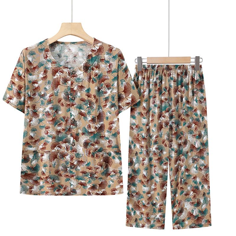 

Grandma s Summer Silk Cotton Set: Short Sleeve Cardigan & Seven-point Pants for Elderly Women 4XL (suggested 70-78 kg)