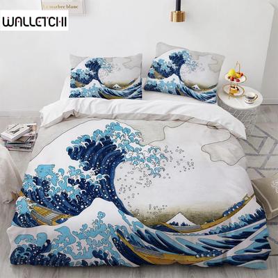 Wave Duvet Cover Set Hokusai Pattern Japanese Ukiyoe Quilt Cover Oriental Sketch Style Ocean Queen Twin Polyester Bedding Set