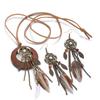2pcs Bohemia Women's Hollow Dream Catcher Feather Tassel Earrings Sets Retro Alloy Leaf Stone Pendant Earrings Necklace Zircon