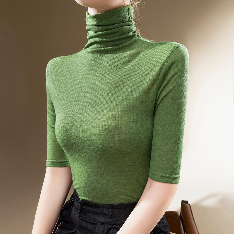 Dámské tričko s rolákem, nové na začátek podzimu, tenké pletené tričko s polovičním rukávem, s pasem a skládaným límcem