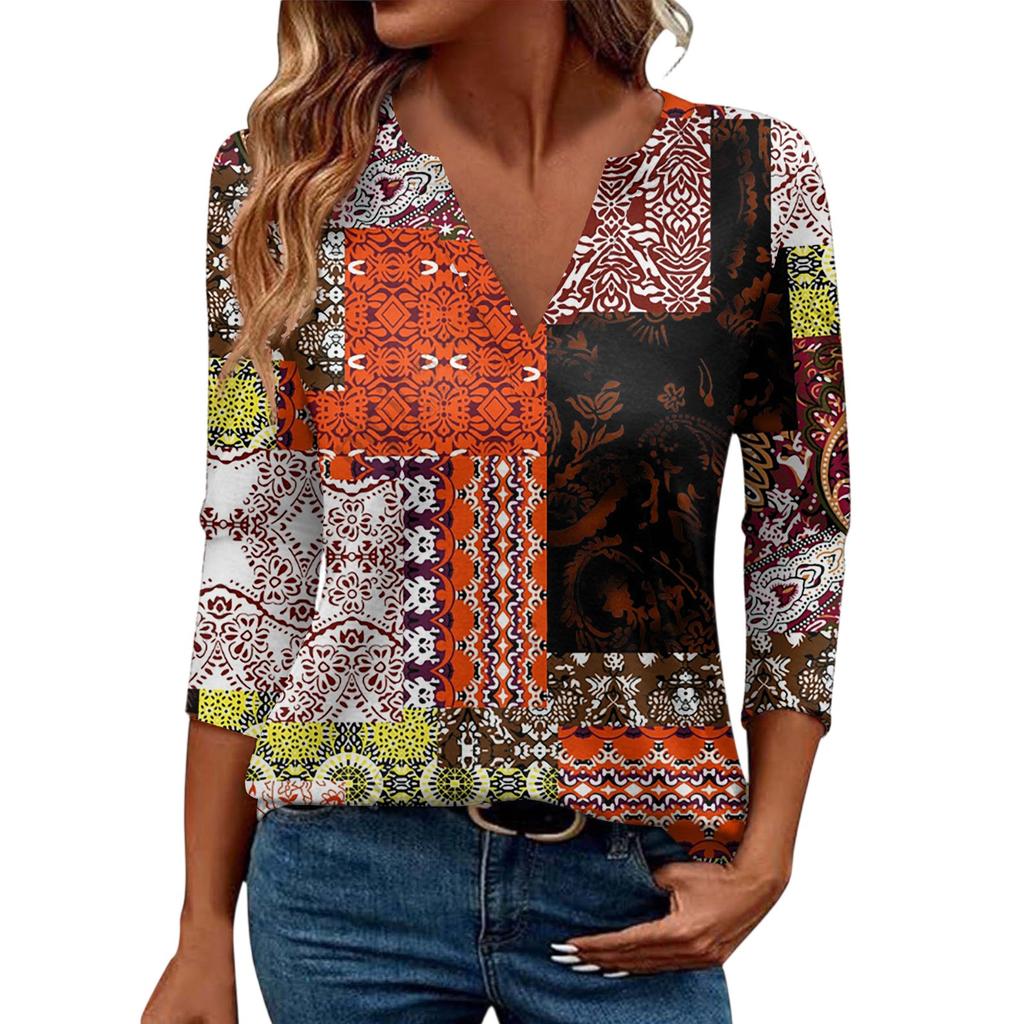 Women's Casual Fashion Sexy Comfortable V-Neck Floral Seven Sleeve Top