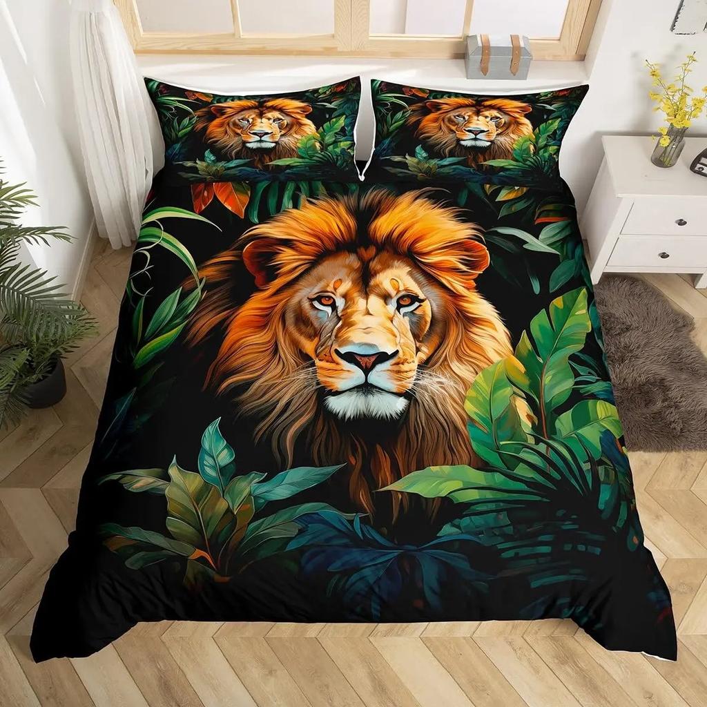 Lion Duvet Cover Set King Queen Hand Drawn Animal Bedding Set Graffiti Abstract Art Quilt Cover Wildlife Vintage Comforter Cover