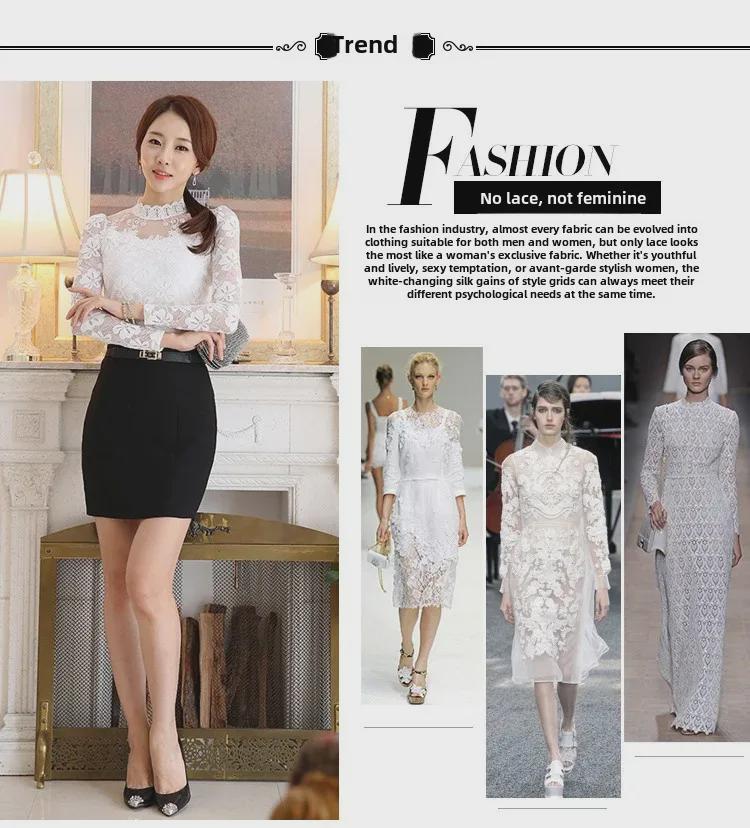 Women's Lace Chiffon Shirt - Long Sleeve, Stand-Up Collar, Slim Fit, Autumn/Winter Fashion, Plus Size