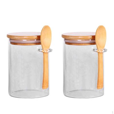 Food Storage Jar Airtight Glass with Lid 600ml Simple Clear Bamboo and Spoon for Tea