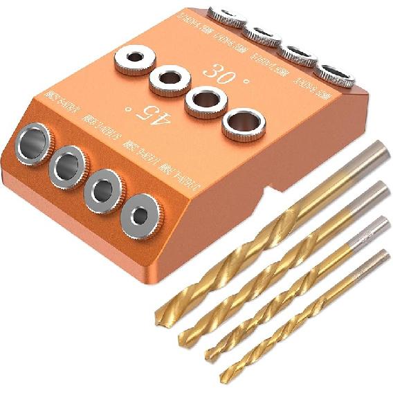 Multi Angle Drill Guide Jig 30 45 90 Degree with 4 Drill Bits Portable Drill Guide for Angled Holes and Straight Hole All Metal Jig for Stairs