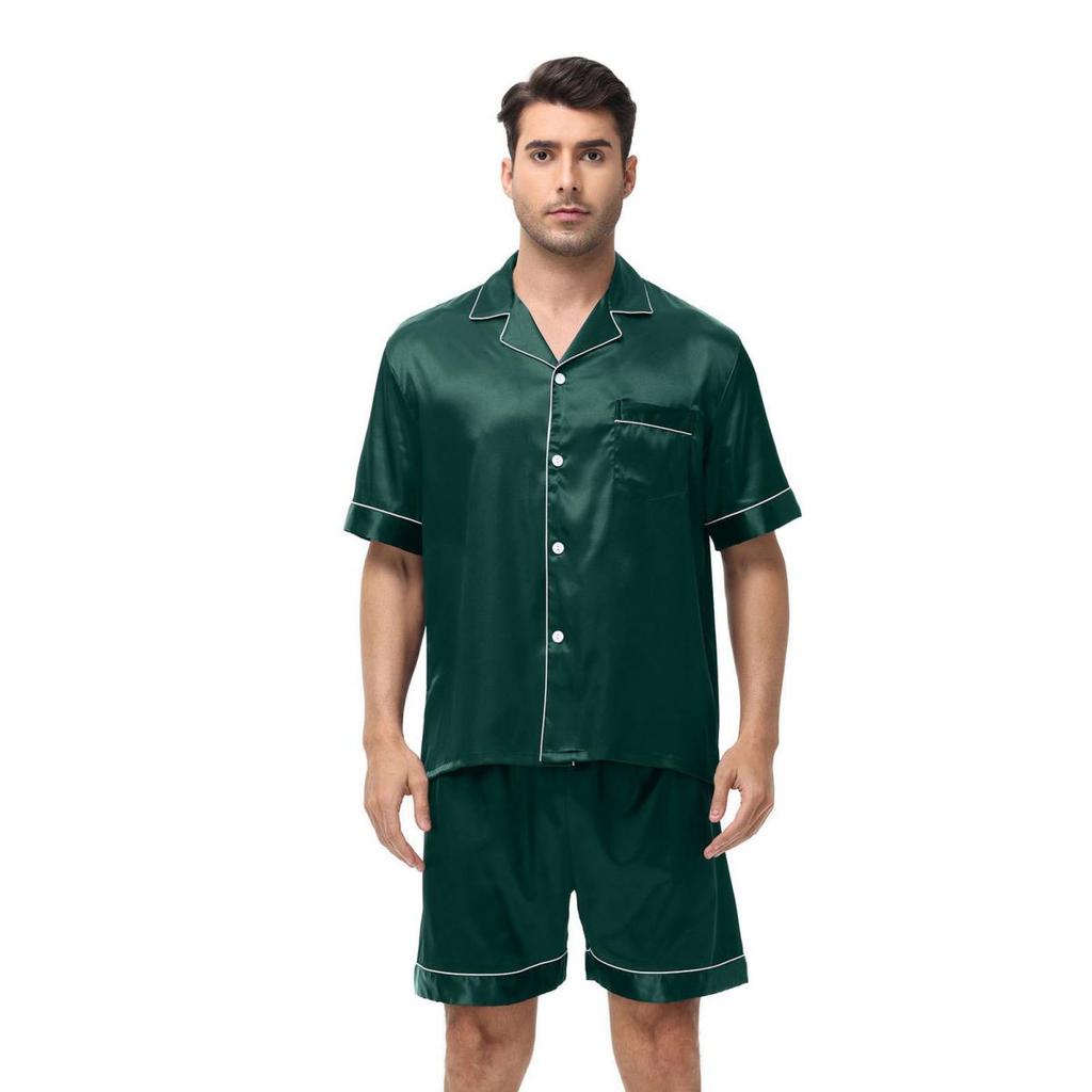 Yousheng 2Pcs/Set Men Pajamas Set Lapel Short Sleeve Single Breasted Tops Elastic Waist Shorts Set Solid Color Satin Sleepwear