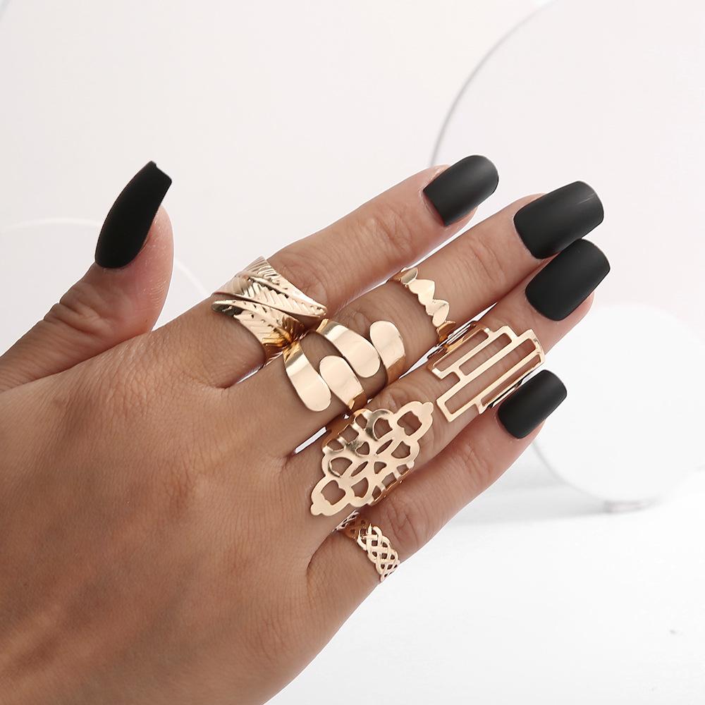 Leaf Crown Geometric Joint Ring 6-Piece Combination Ring Set, Best Selling