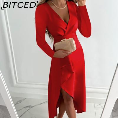 Γυναικείο Φθινοπωρινό Φόρεμα Μακρυμάνικο V-Neck Συσπασμένο Στρίφωμα Σχιστό