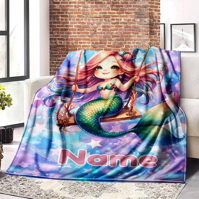 Mermaid Theme Home Customize Your Name Blankets Comfortable Soft Lightweight Multiseasonal Blanket For Picnics Sofas Offices Beds Living Rooms Perfect