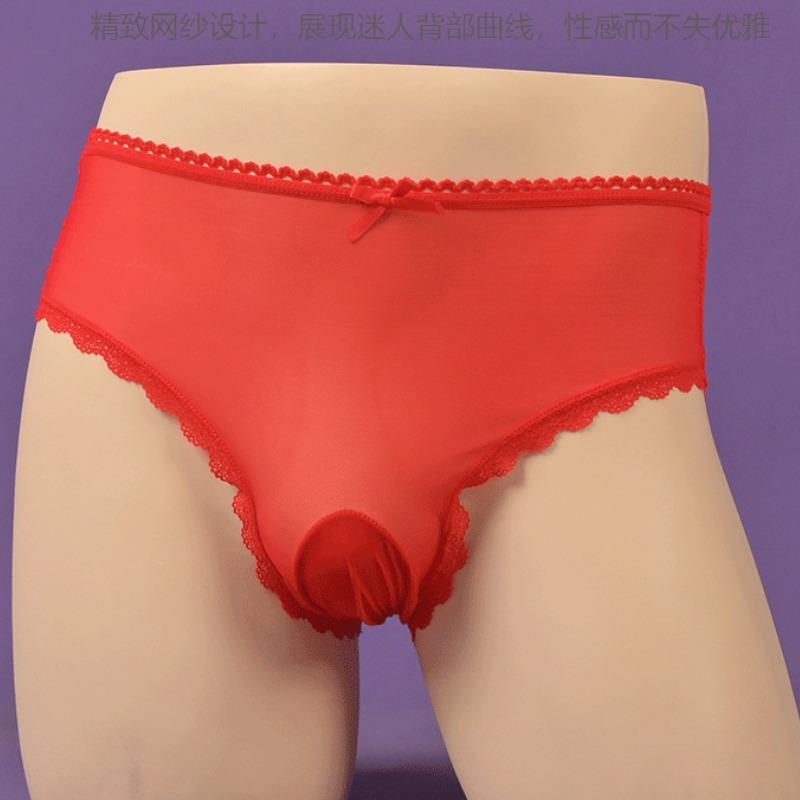 Large Size Silky Sissy Pouch Panties Men Bullet Separation Underpant High Waist Mesh Sheer Briefs Crossdress Lingerie Gay Club
