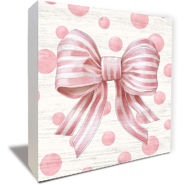 Pink Bow Coquette Wooden Box Sign, Coquette Room Decor, Dorm Room Essentials for Girls, Girly Ribbon Bow for Girls Room Dorm College Bedroom Desk
