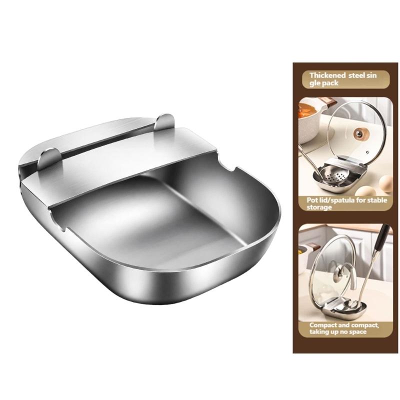 Kitchen Tool Stand with Sauce-Catching Tray, Vertical Support for Cooking Implements, Brushed 304 Steel Body, and Nonslip Base for Counter Use