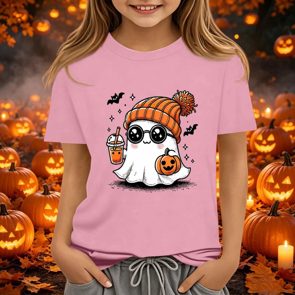 Kids Halloween Print Short Sleeve T-Shirt Round Neck Loose Fit Casual Tee for Boys Girls
