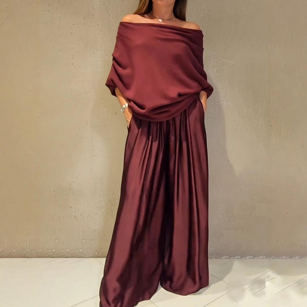 Women's Maroon Off Shoulder Top and Wide Leg Pants Set