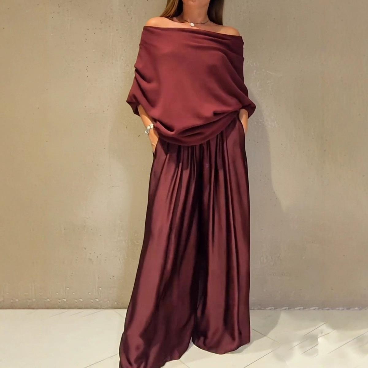 

Women s Maroon Off Shoulder Top and Wide Leg Pants Set S кирпич красный