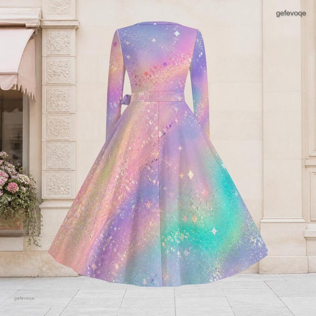 Women Plus Size V Neck Long Sleeve Printed Pastel Galaxy Tie Waist A Line Flared Dress