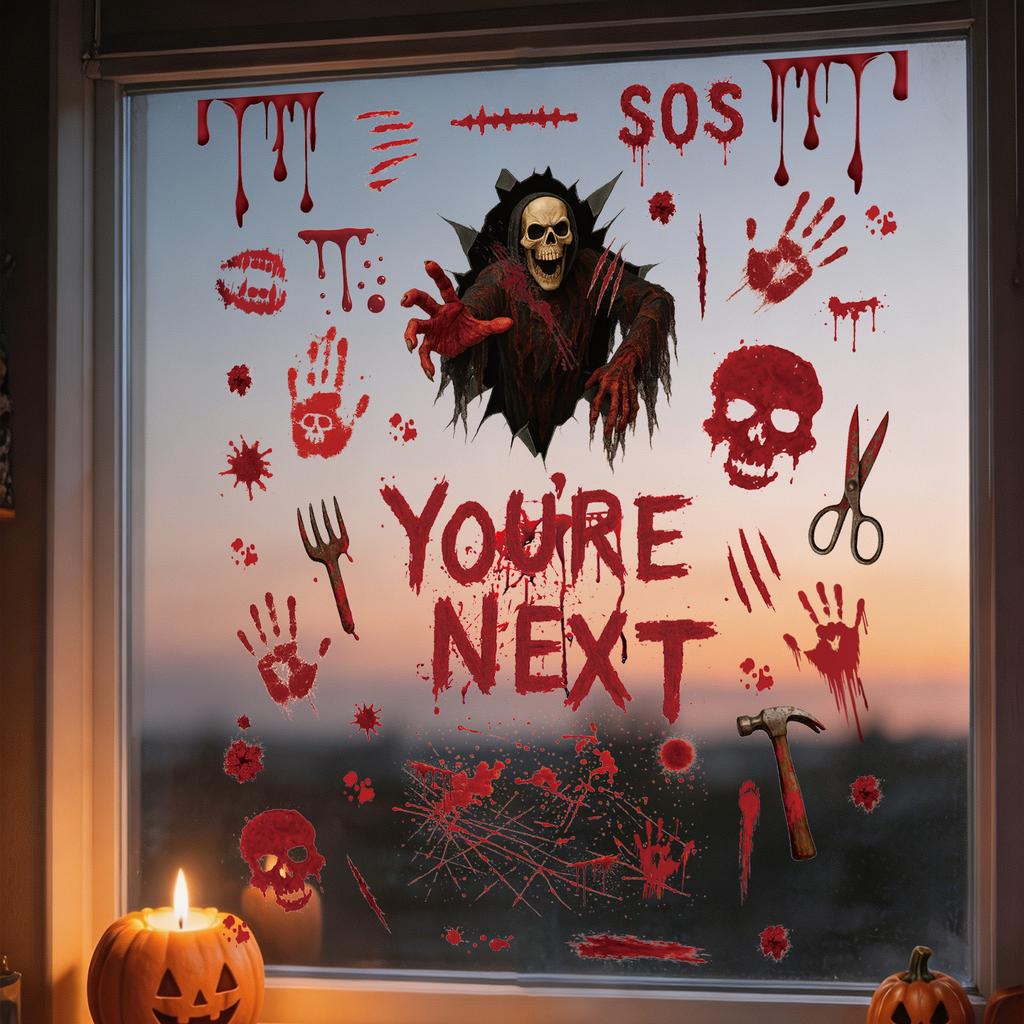 Halloween Horror Static Window Sticker Bloody Skull Blood Handprint Grim Reaper Sticker Secret Room Haunted House Window Atmosphere Decoration