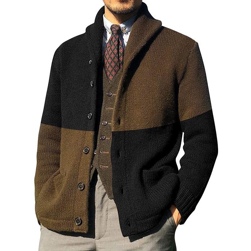 Herren Strick Cardigan Color Block Revers Lockerer Schnitt Langarm Pullover