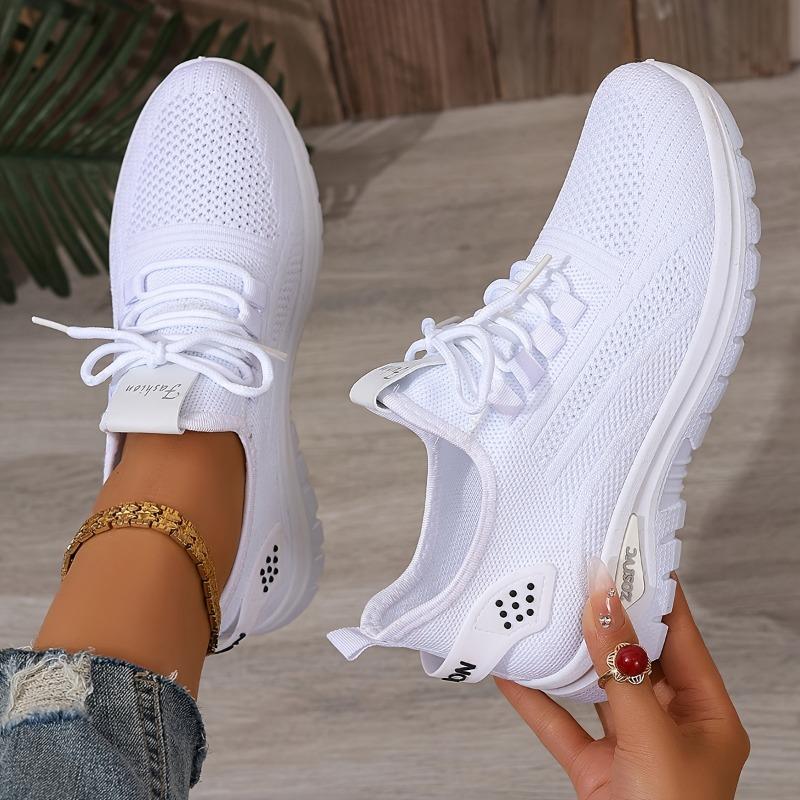Women's White Low-Top Knit Sneakers Lightweight Lace-Up Anti-Slip All-Season Casual Light Workouts