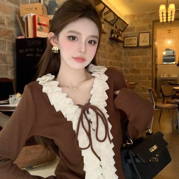 

Французский шик, облегающий свитер с оборками и V-образным вырезом - Женский вязаный топ для осени/зимы One Size кофейный