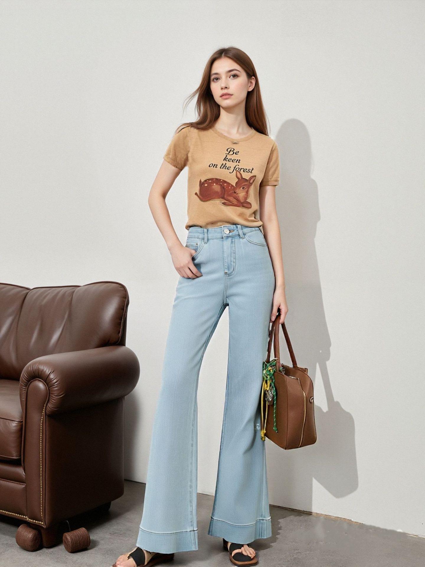Spring 2026 Women s Light Blue Tencel-Cotton High-Waisted Wide-Leg Micro-Flare Jeans 30