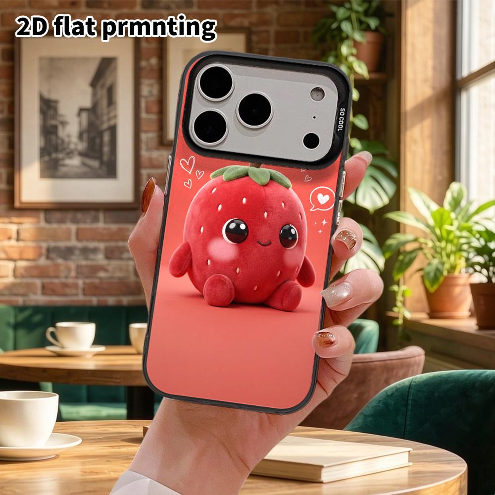 Phone Case: 2D Flat Design Suitable for iPhone 18, 17, 16, 15, 14, 13 Pro, Color Silver Protective Case, Couple Style, Strawberry Plush Toy, Christmas