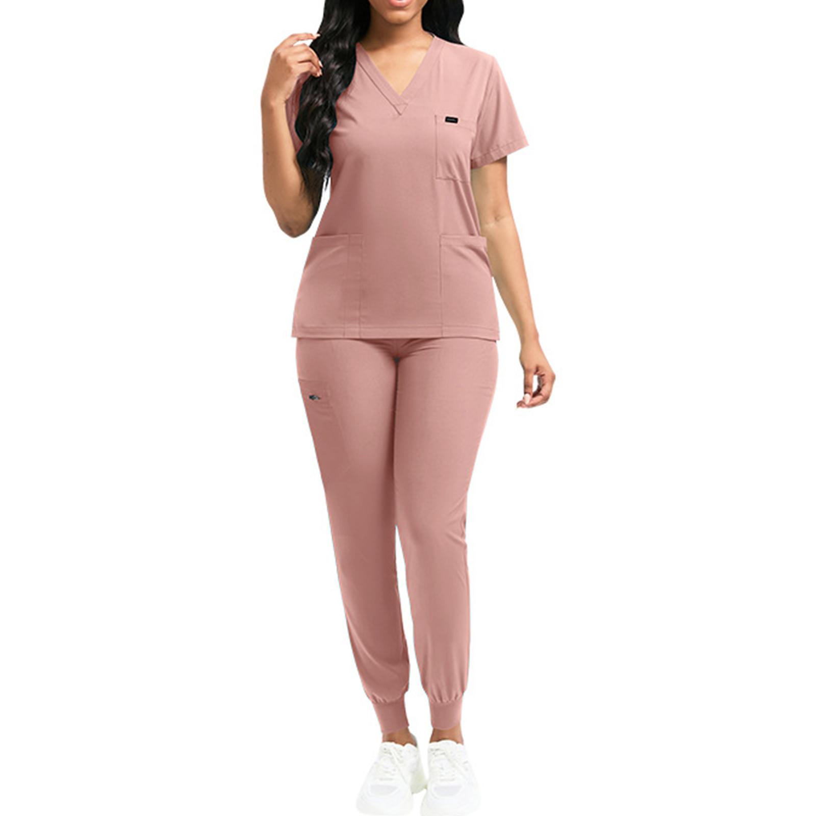 

Женская свободная и удобная рабочая одежда с V-образным вырезом и короткими рукавами, с несколькими карманами и комплектом костюма для красоты L розовый