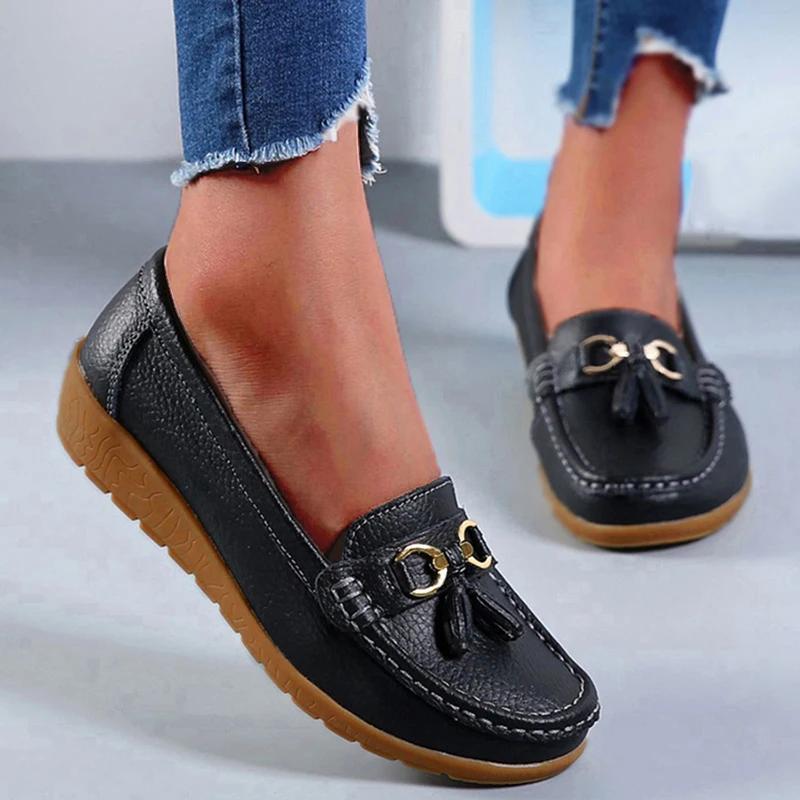 Damen Ballerinas Mode Echtes Leder Keilabsatz Retro Damenschuh Quaste Damen Loafers Slip On Weiche Damen Mokassins Übergröße