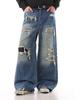 Unisex Distressed Patchwork Wide-Leg Ripped Jeans