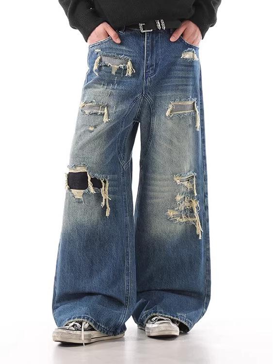 Unisex Distressed Patchwork Wide-Leg Ripped Jeans