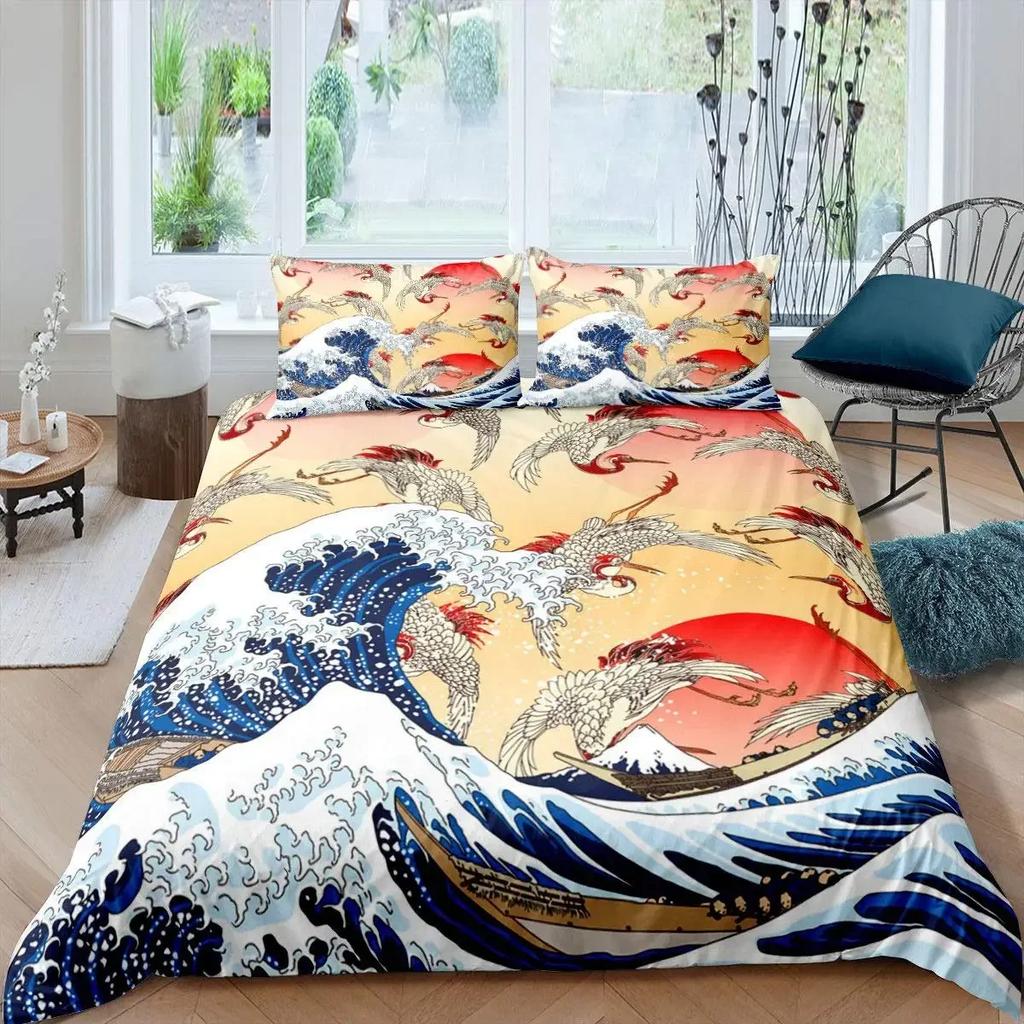 Comforter Japanese Wave King Queen Blue Sea Bedding Set Maple Leaf Moon Hokusai Ukiyo-E Polyester Comforter