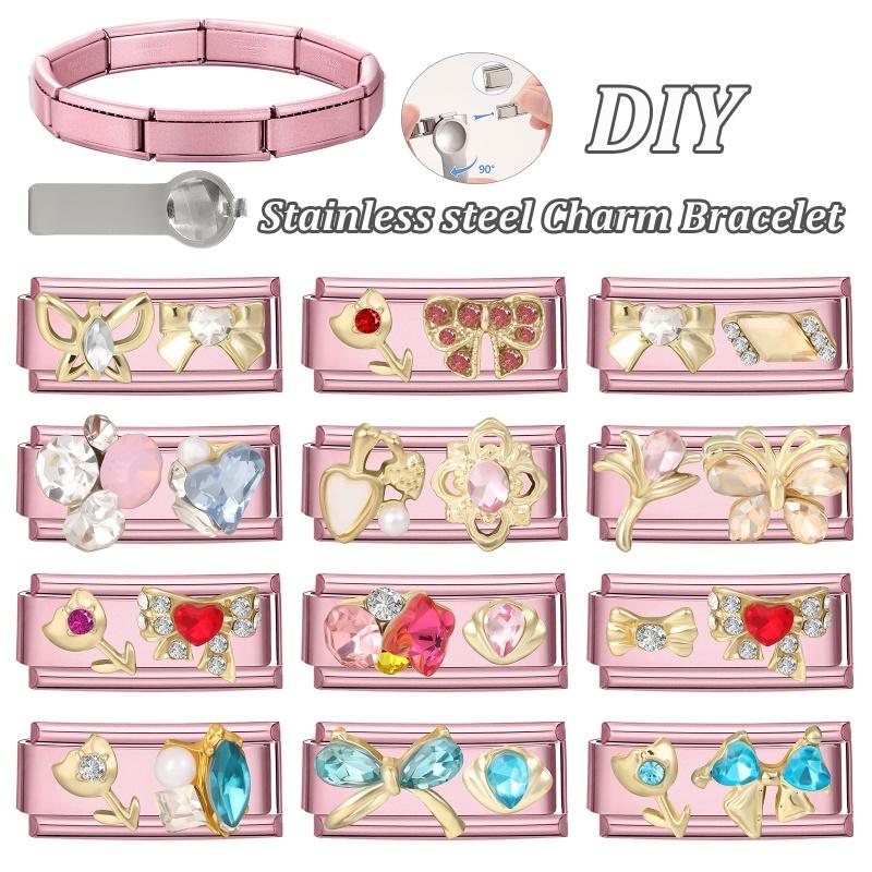 Romantic Pink Love Rose Butterfly Star Shell Zircon Long Italian Charm Links Fit 9mm Stainless Steel Bracelet DIY Making Jewelry