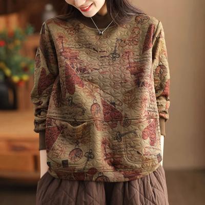 Vintage Print Cotton Linen Women Sweatshirt Fashion Patchwork Thicken Loose Pockets Literary Elegant Simple Cozy Female Pullover