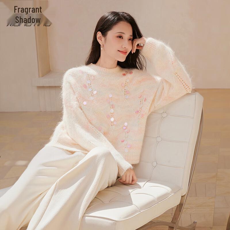 Xiangying Women s Hollow Round Neck Sequin Ombre Knit Sweater M