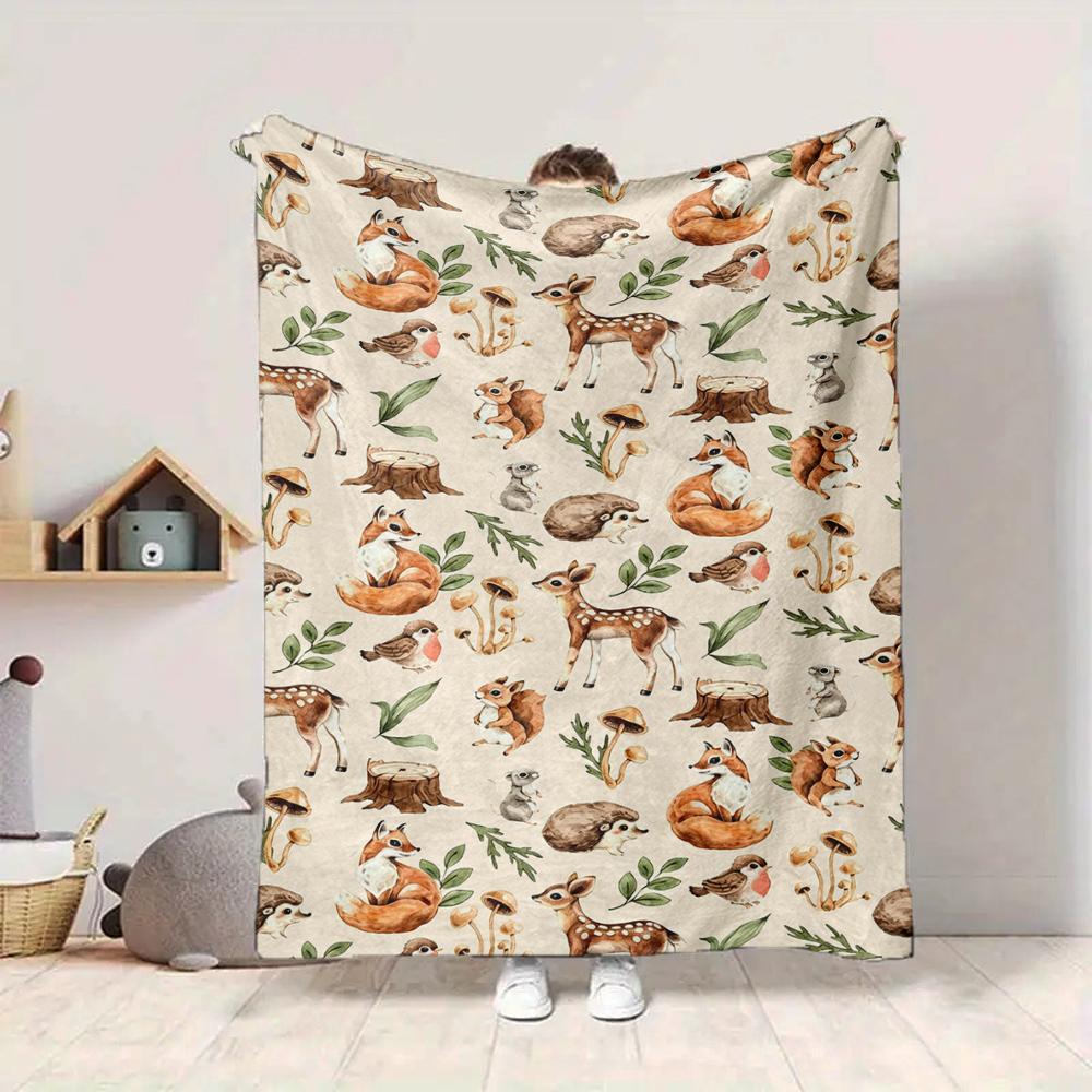 1Pc Forest Animal Watercolor Blanket Soft And Comfortable Casual Warm Camping Travel Christmas Halloween Xmas Gift M924636