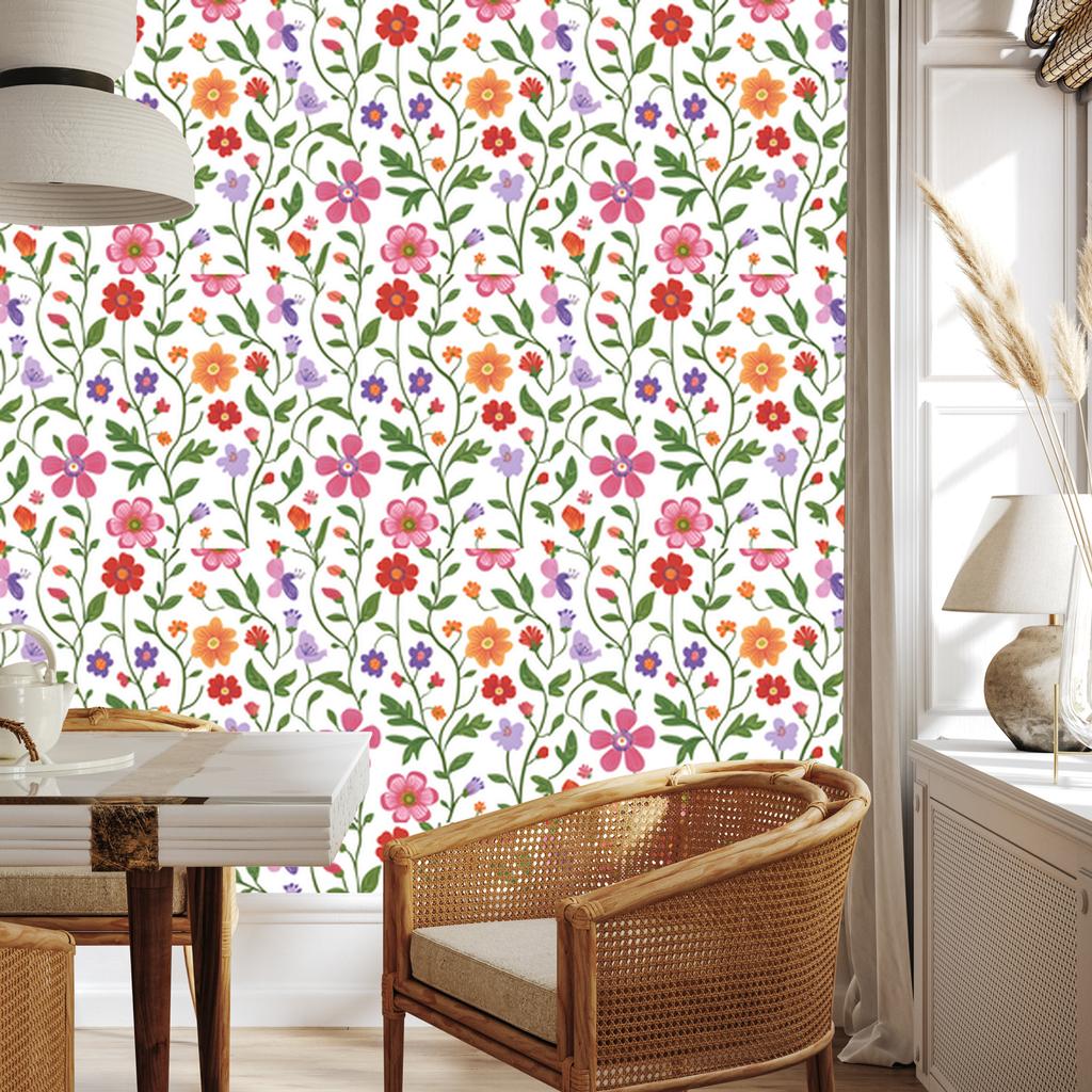 Flowers and Leaves Wallpaper White, Light Gray and Lime 50x1000