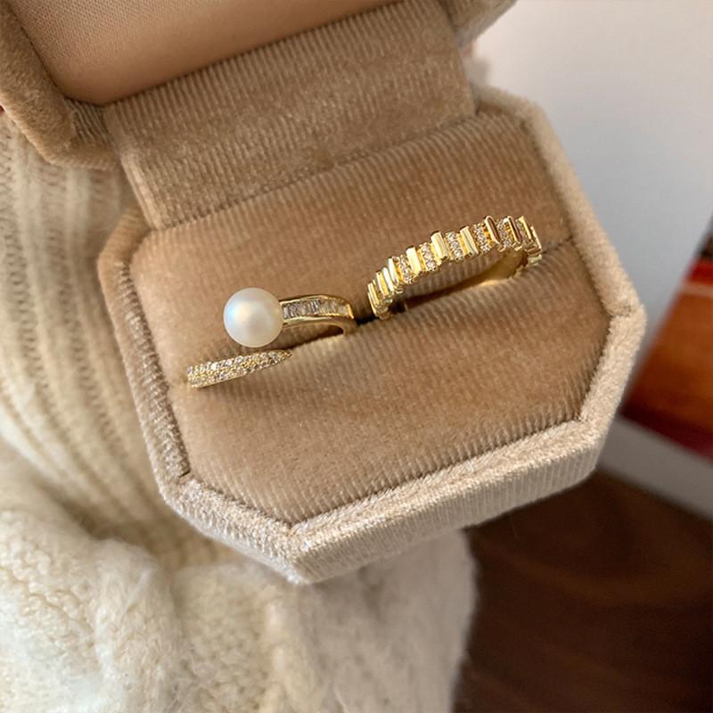 Stylish Ins Inspired Pearl And Crystal Adjustable Ring For Women In Trendy Geometric Style