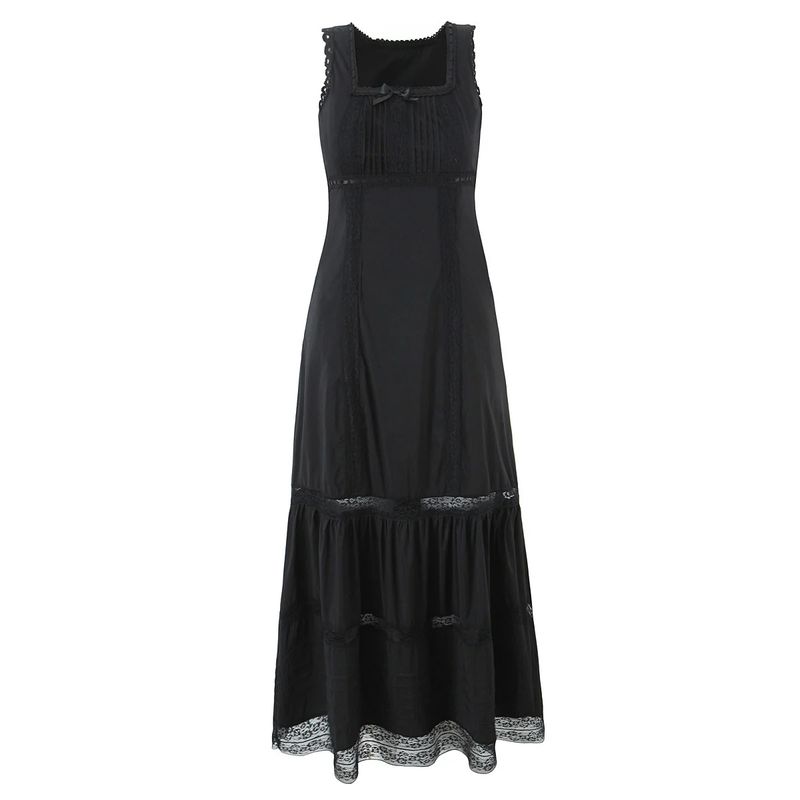 

First Love Goddess Dress French style Exquisite Lace Patchwork Strap Square Collar Waist Hugging Vest Sling Long Dress Black L