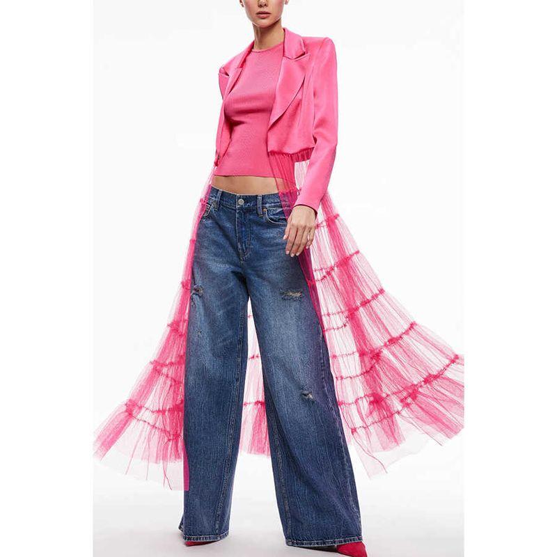 

Mesh Top Dress Fashion Polo Collar Mesh Patchwork Stylish Long Tops Coat Sun Protection Dress Catwalk Show Rose Red XL