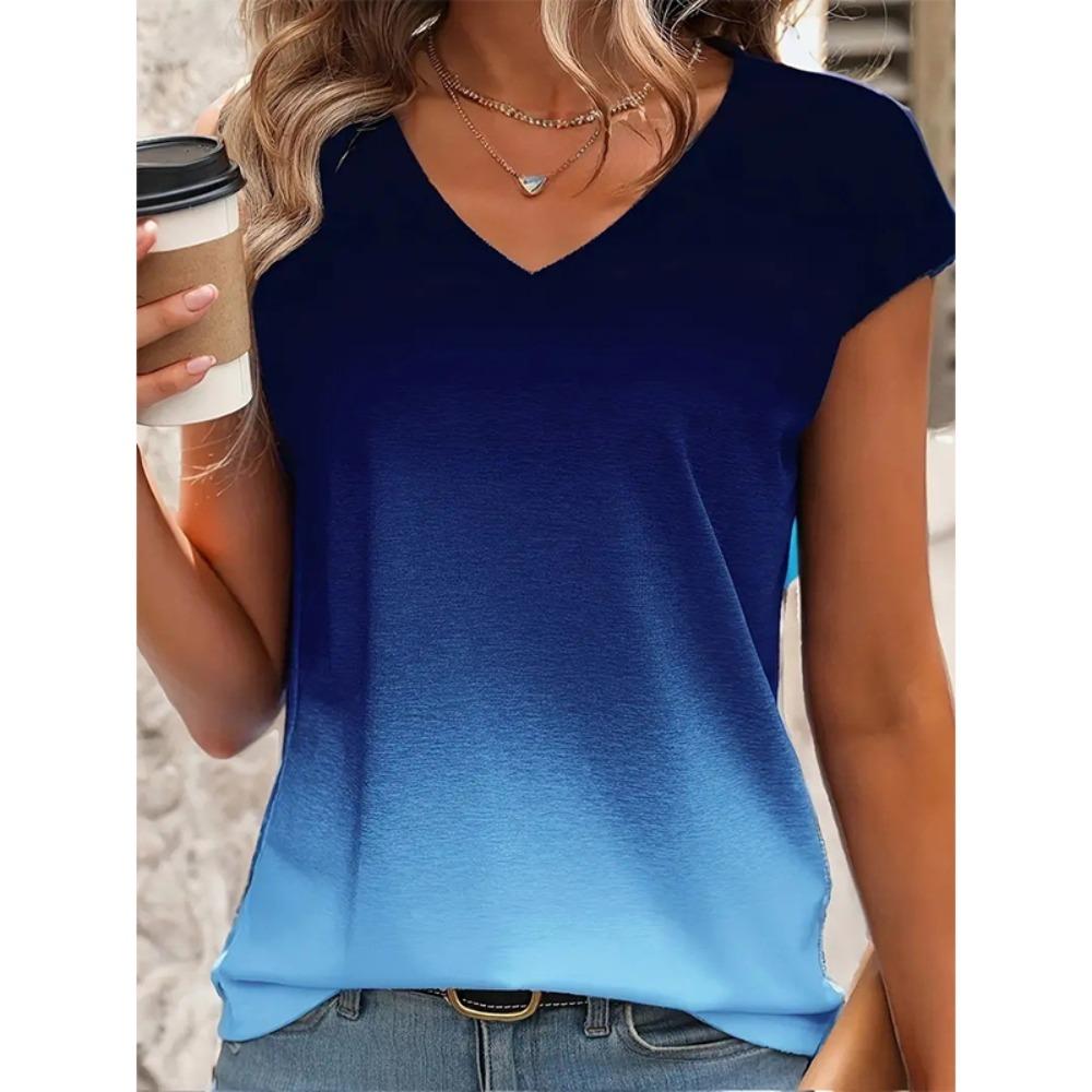 

2025 New T-shirt Simple Floral Print Large Size Tee Summer Short-sleeved Women s V-neck S