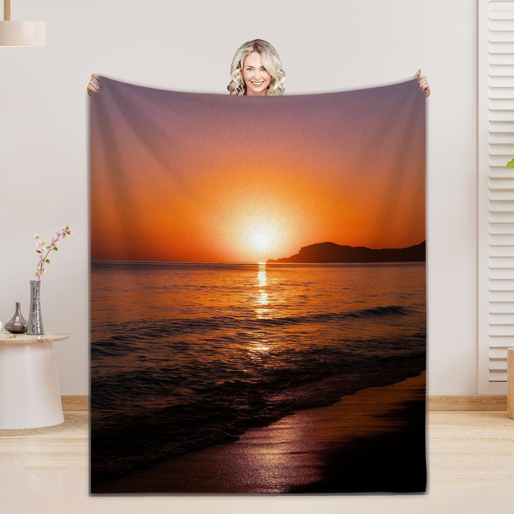 Seaside Scenic Lake Sunset Camping 3D Print Blanket Flannel Warm Cozy Blanket Home Travel Birthday Gift Chair Sofa Room Decor