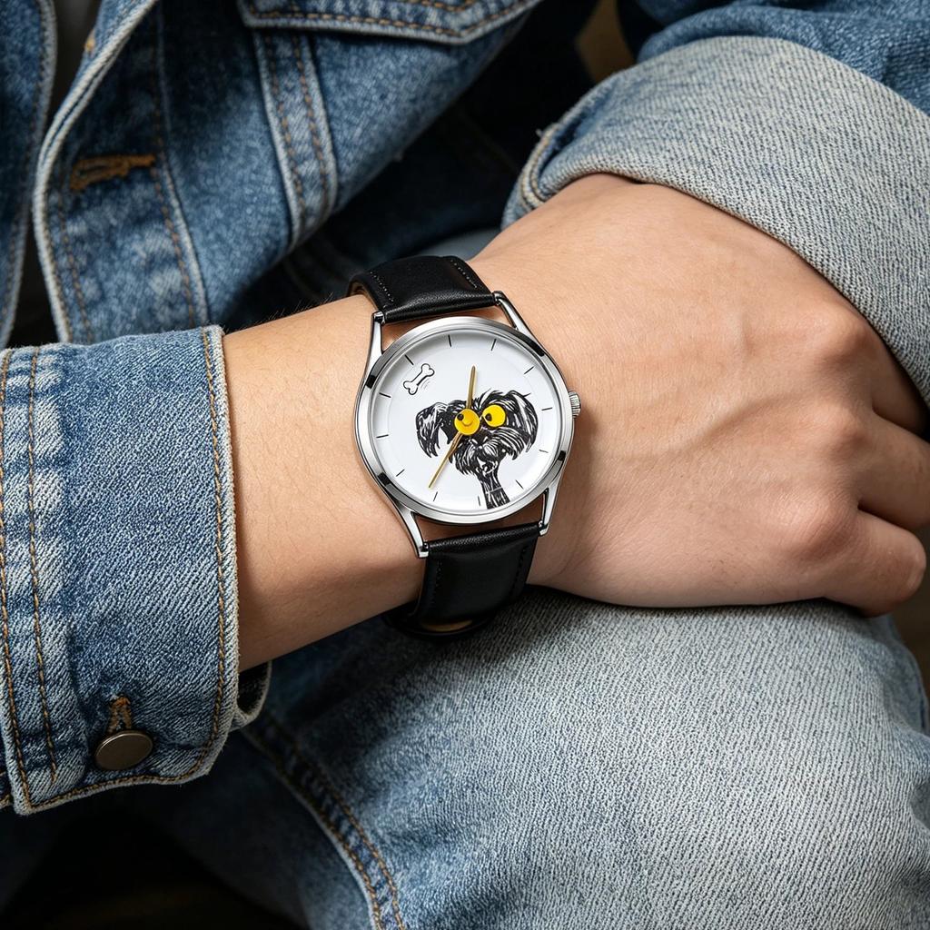Scribbled Puppy Cartoon Quartz Watch Pointer Display Leather Band for Children Junior High School Students Unisex Student Watch