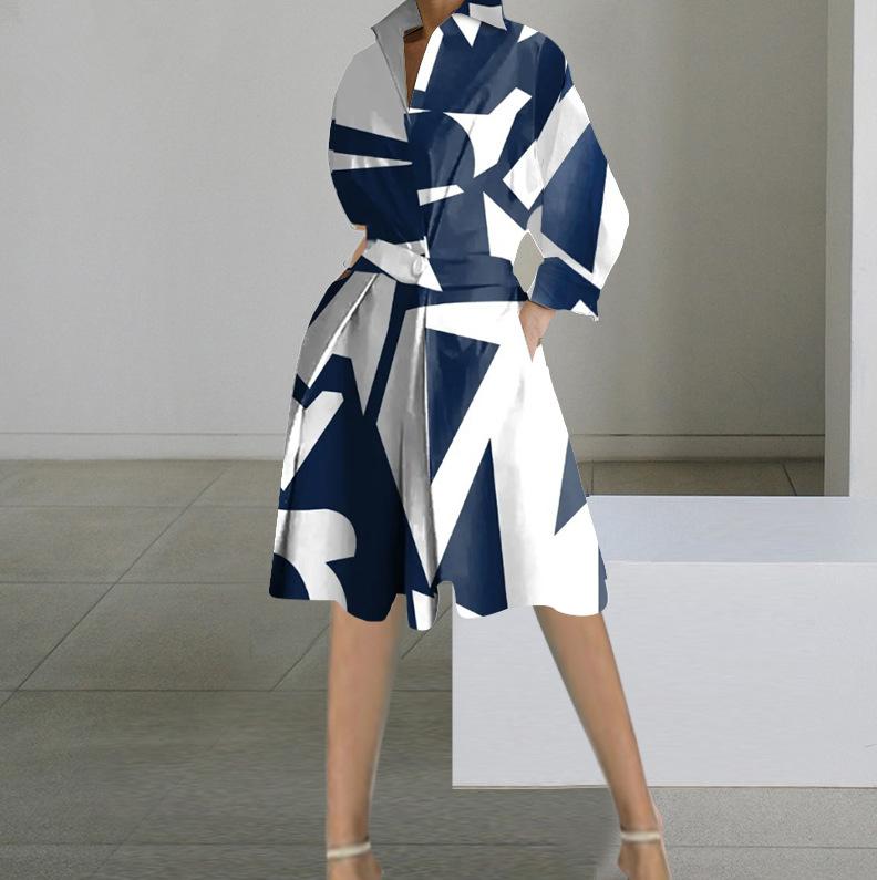 Autumn New Fashion Long-sleeved V-neck Printed Medium and Long Dress Women's Clothing