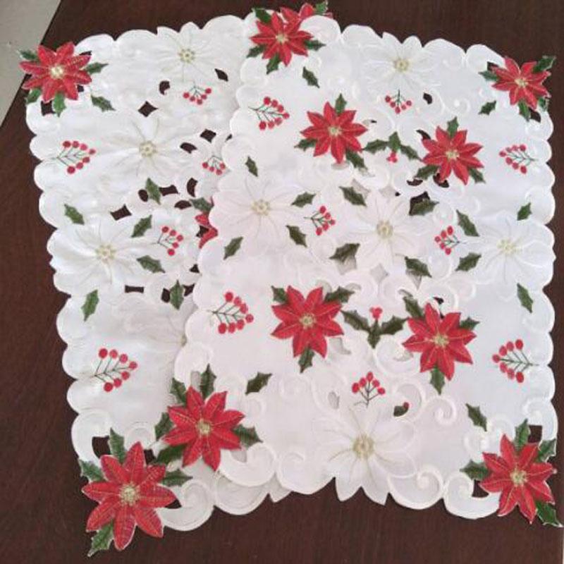 Popular Christmas Poinsettia Flower embroidery table place mat Cloth placemat coaster kitchen Table Surface decoration and accessories for Home