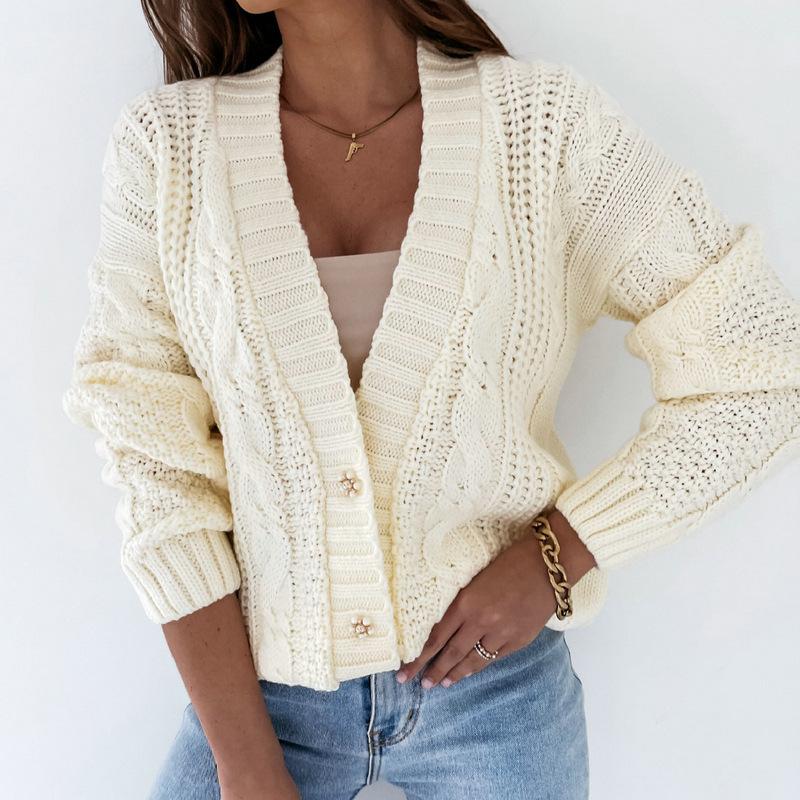 Casual Sweater Jacket V-neck Buttoned Twist Knitted Cardigan for Women