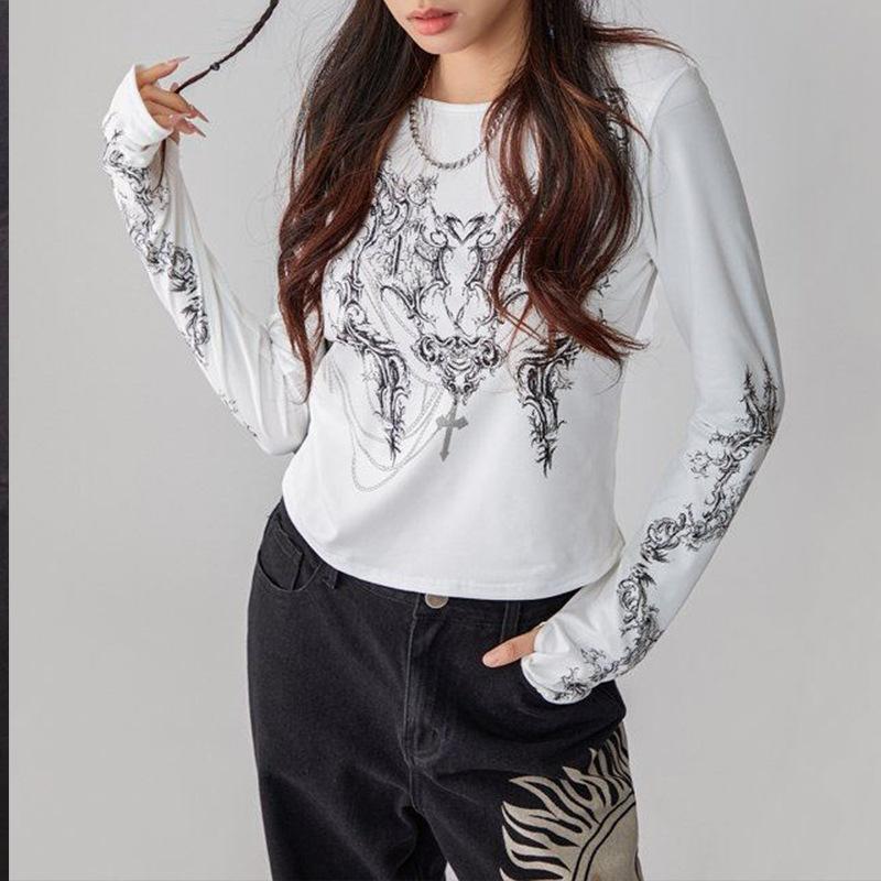 Y2K Novas Mulheres Top Manga Comprida T-shirt Gótico Roupas Escuras